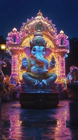 Illuminated Ganesha statue stands before ornate lit shrine