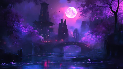 Neon moonlit temple city mirrors over violet river. Period.