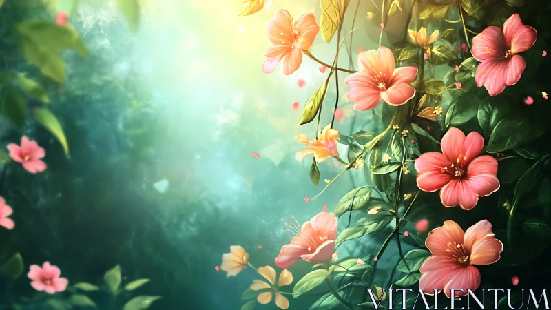 Hanging Flowers in Sunlight Garden Scene