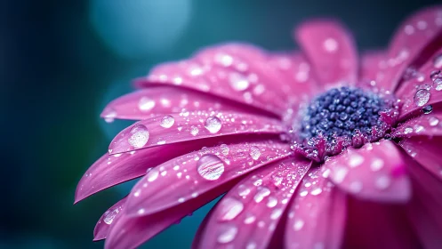 Pink daisy petals with water droplets on blurred teal background.