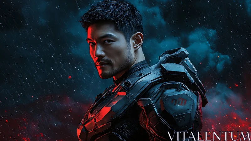 Armored sci fi warrior under stormy neon sky.