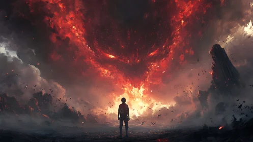 Solitary figure facing colossal infernal cloud vortex entity