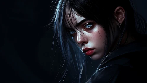 Cinematic digital portrait of brooding young woman in shadow