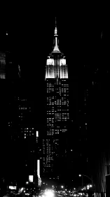 Illuminated skyscraper crowns a dramatic night skyline.