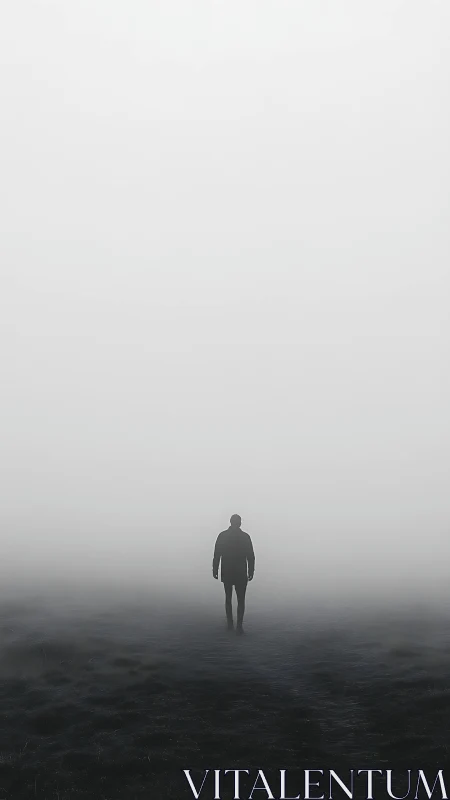 Quiet figure walking alone into a soft, endless fog.