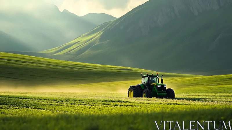 Sunlit green tractor traversing rolling mountain fields.