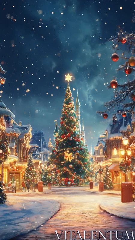 Snowlit Christmas avenue crowned by a storybook tree.