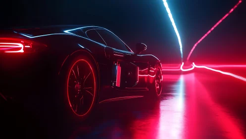 Electric supercar cuts through neon tunnel with vivid glow