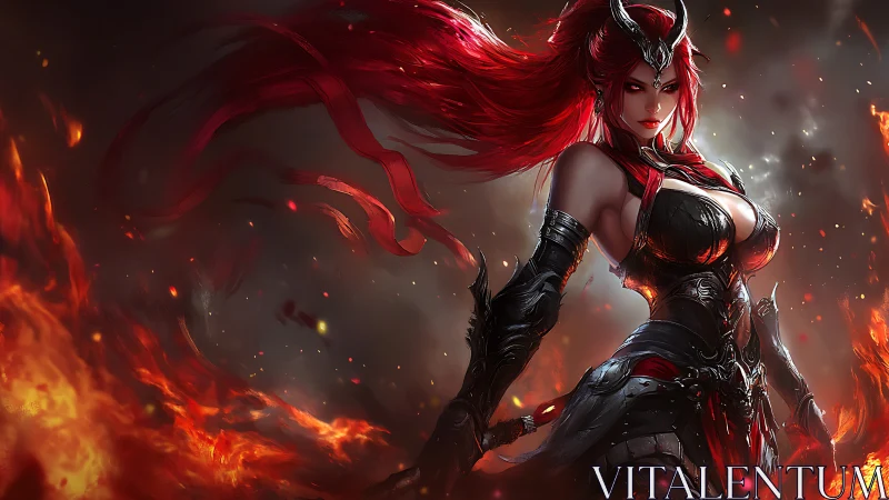 Fiery red haired demon warrior in black armor stands amid fire.