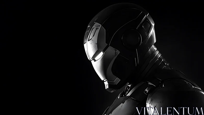 Stoic chrome sentinel bowing in the half-lit void.