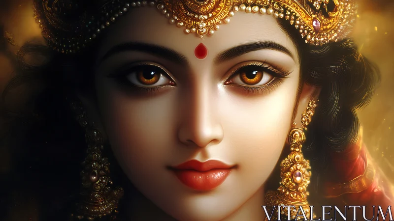 Divine goddess portrait with jeweled crown and warm bokeh light