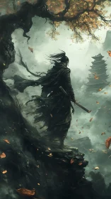 Cloaked swordsman on wind-swept cliff before misty pagoda