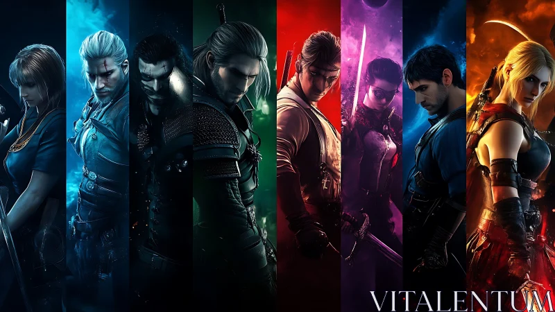 Multichromatic warrior lineup in high-contrast digital tableau.