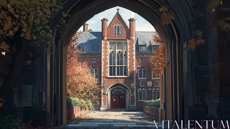 Stone archway quietly frames an autumnlit college courtyard