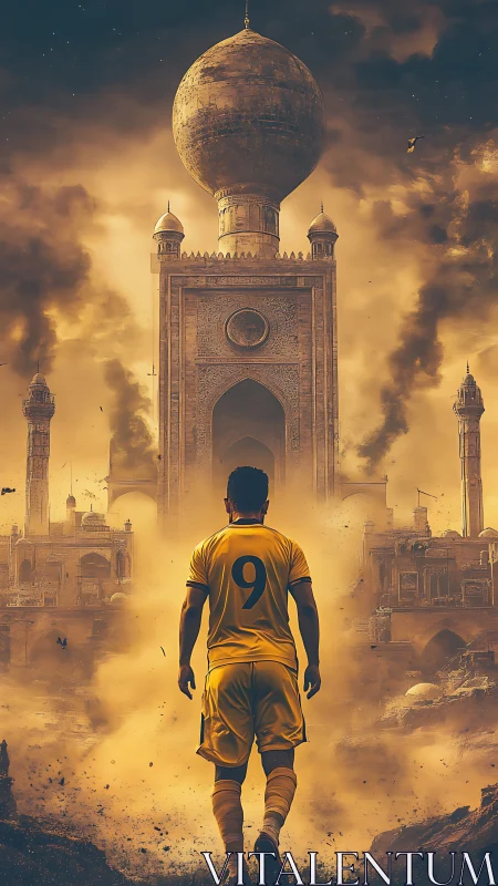 Lone footballer strides toward a colossal burning temple gate