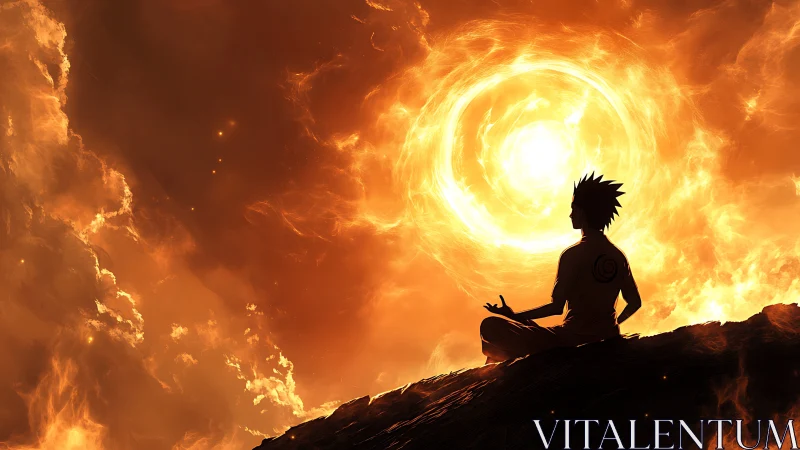 Meditating warrior finds inner calm before a burning sun