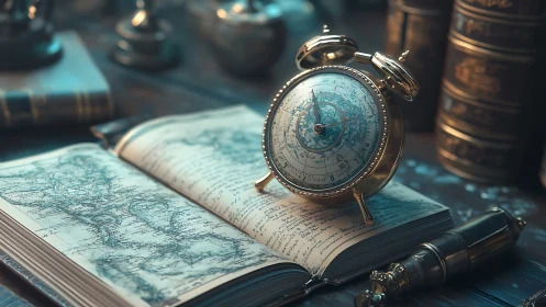 Vintage celestial clock on open map journal in study