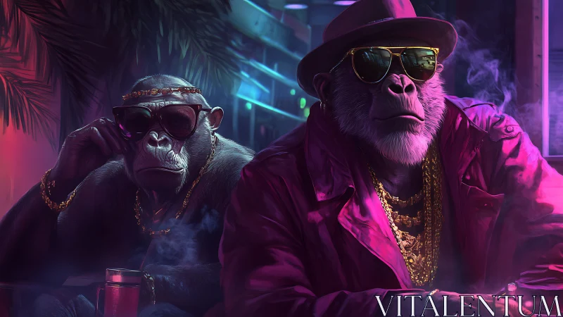 Stylized chimpanzees in neon lit bar wearing urban fashion.