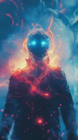Humanoid figure with fiery energy aura in smoky blue void.