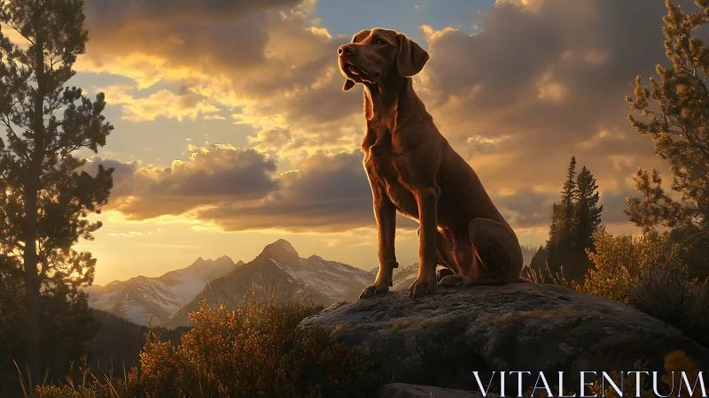 Hunting dog overlooks golden alpine ridge at sunset