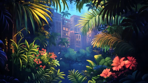 Urban jungle window, where neon city hum meets lush bloom.