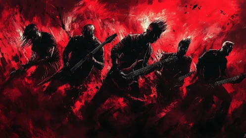 Digital painting of metal band silhouettes in kinetic red field.