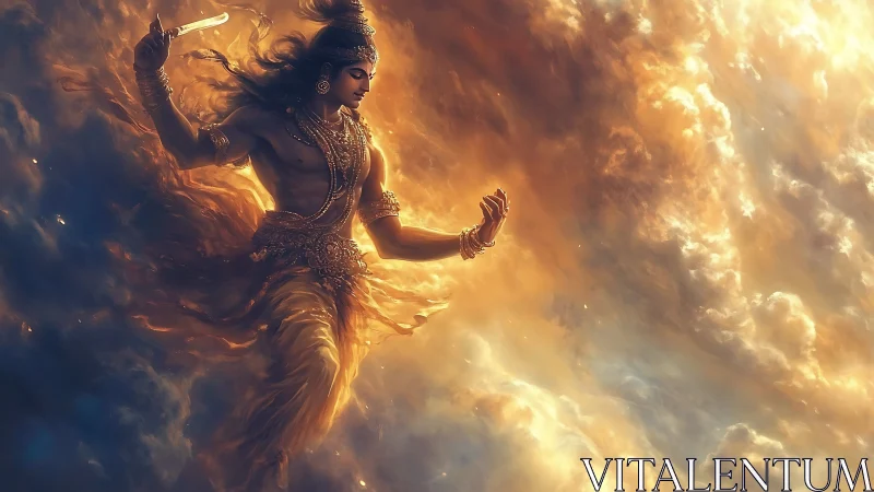 Deity-like figure in luminous cloud-filled atmospheric space.