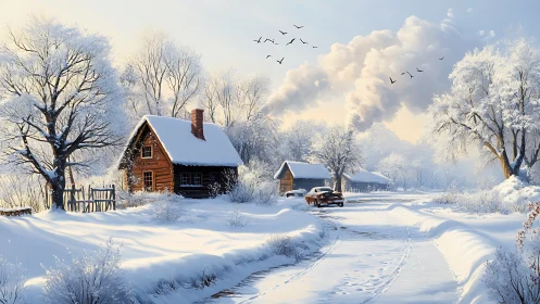 Digital painting of rustic cabins in luminous winter landscape.