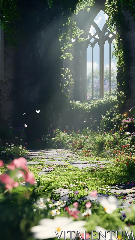 Sunlit stone corridor with overgrown window and garden floor