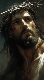 Digital painting of suffering bearded man with thorn crown