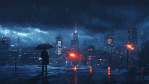 Solitary umbrella figure on rainy rooftop above neon skyline.