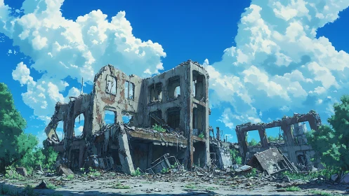 Anime ruin-scape under cumulus sky, structural decay study.