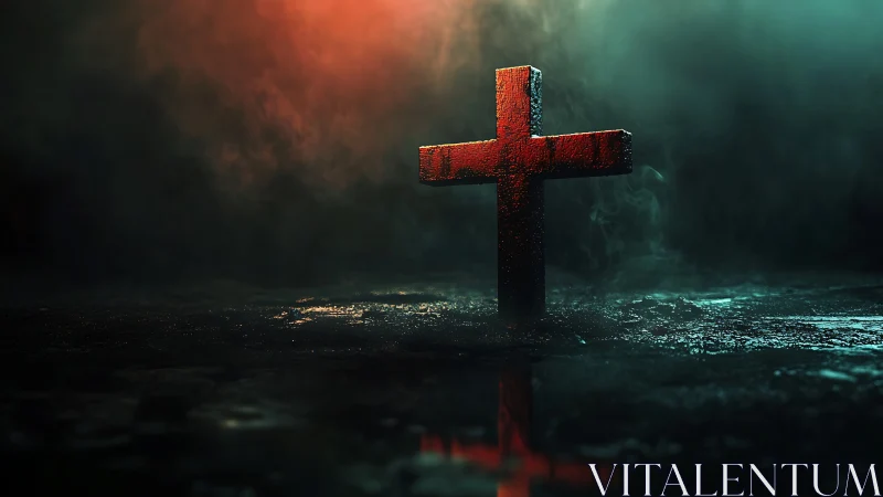 Red cross in dark misty scene with dramatic lighting.