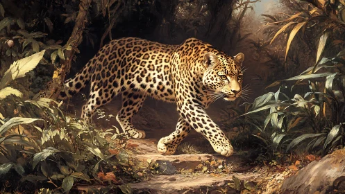 Spotted Leopard Stalking Through Dense Jungle Undergrowth.