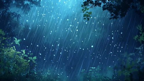 Nocturnal forest rainfall rendered in atmospheric digital painting