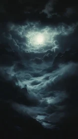 Lunar-illuminated turbulent cloud canyon with nocturnal river.