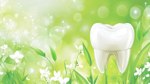 Healthy Tooth Illustration with Floral Elements on Green Background.