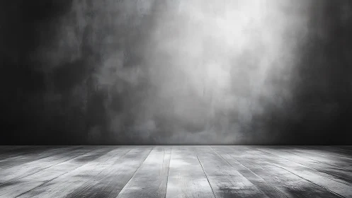 Empty grayscale studio interior with weathered wood floor.