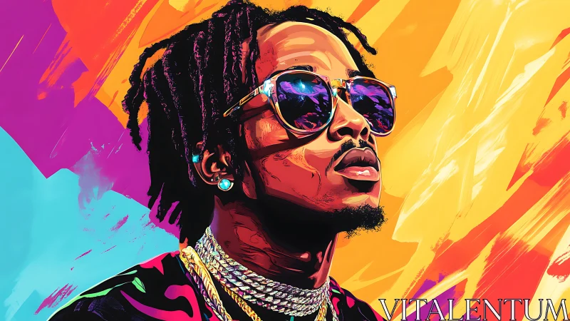 Vibrant neon portrait of stylish rapper in reflective shades.