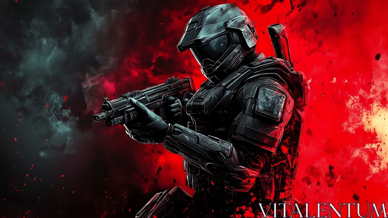 Armored space soldier aims rifle against blazing red nebula