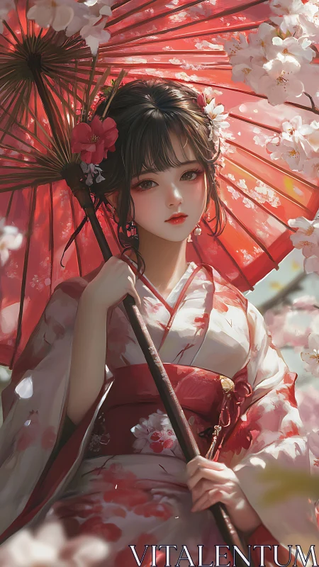 Kimono-clad woman holds red parasol amid cherry blossoms