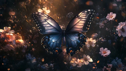 Iridescent nocturnal butterfly amid bioluminescent blooms.