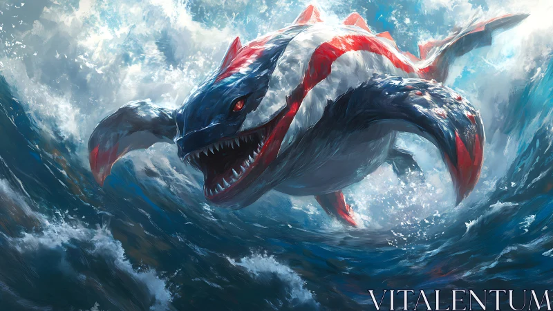 Colossal striped sea monster lunges through storm surf.