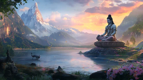 Serene mountain lake cradles a meditating figure at sunrise