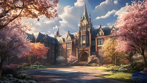 Gothic revival campus facade under luminous spring foliage