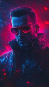 Neon cyberpunk man in reflective jacket and tinted shades