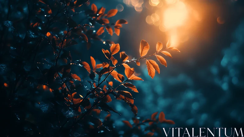 Dew-covered orange leaves in dramatic bokeh light, nature photography.