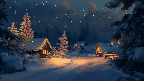 Snowy cabin village glows under falling night snow.