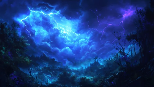 Bioluminescent jungle under electric cyan and violet stormfront