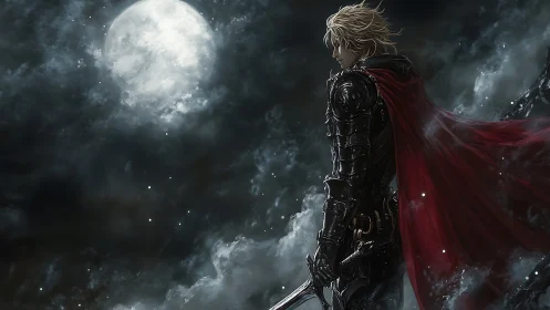 Lone armored knight under full moon with red cloak.